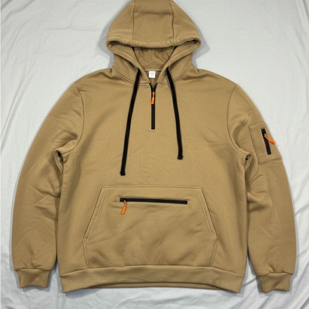 Tan Hoodie with Black and Orange Accents